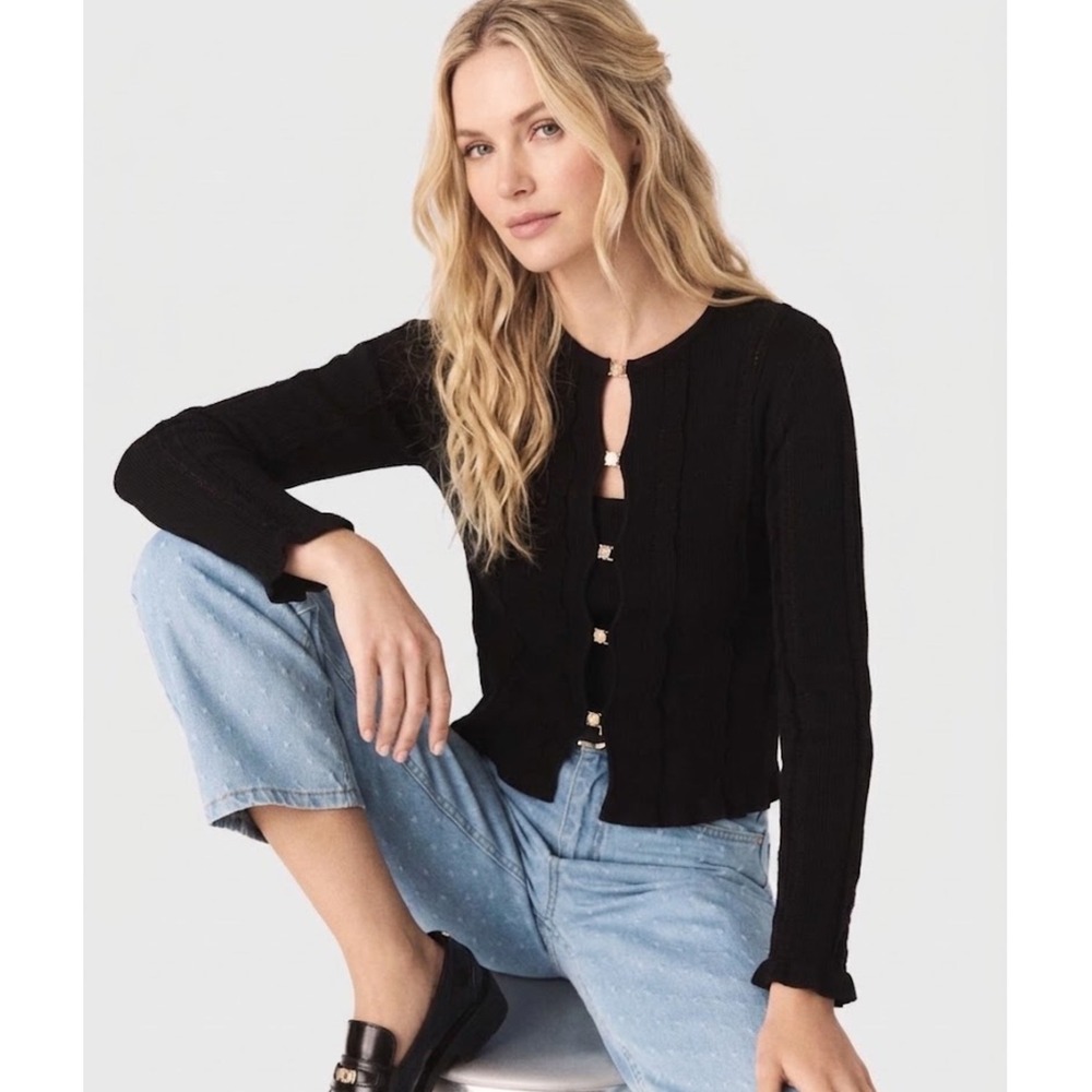 Maje Black Ribbed Pointelle Cardigan Gold Clover Clasp Ruffle Trim Size 1 NEW